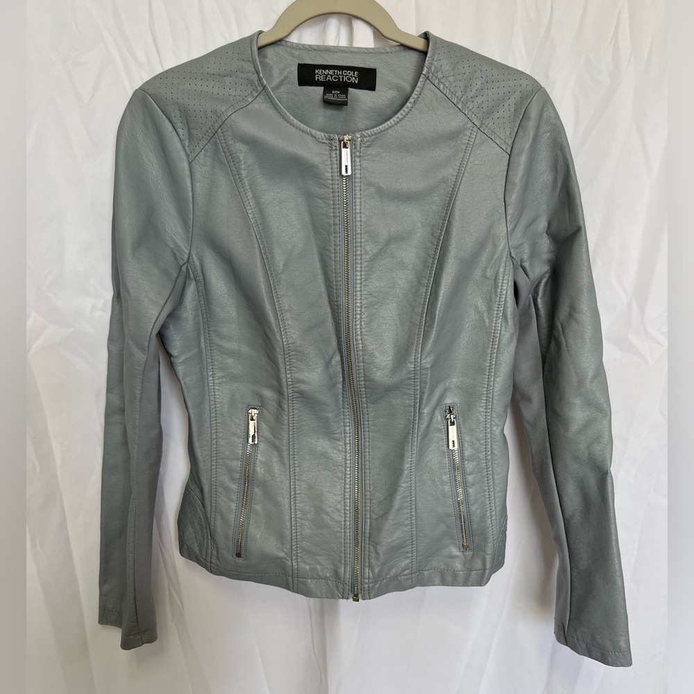 Kenneth Cole Faux Leather Biker Jacket Solid Gray Slim Fit Form Fitting Size S